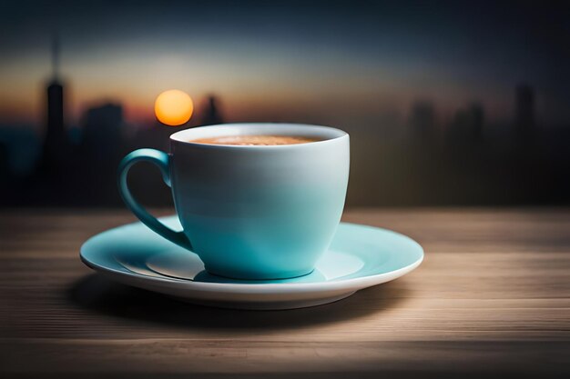 Eine Tasse Kaffee auf einer Untertasse mit einem Sonnenuntergang im Hintergrund.