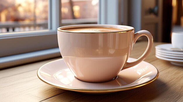 Eine Tasse Kaffee auf einer Untertasse mit einer Untertasse und einem Fenster im Hintergrund.