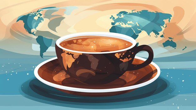 eine Tasse Kaffee auf einer Untertasse mit einer Weltkarte im Hintergrund