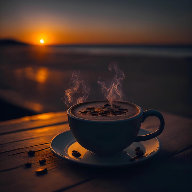 Eine Tasse Kaffee, aus der Dampf aufsteigt.