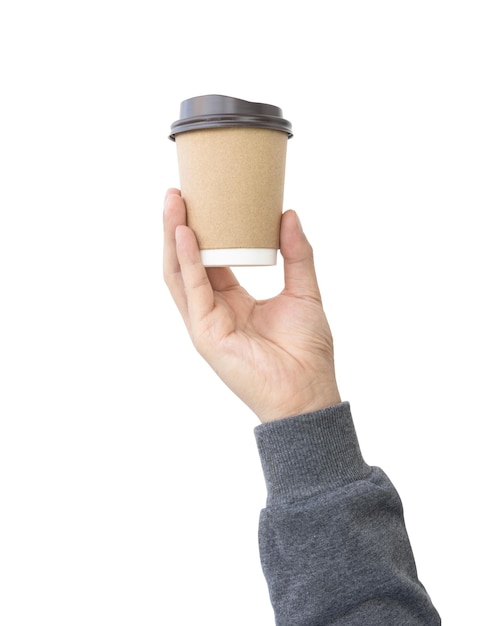 Eine Tasse Kaffee aus Papier in der Hand isoliert auf weißem Hintergrund Beschneidungspfad