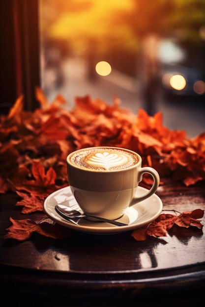 Eine Tasse Kaffee-Cappuccino auf einem Tisch in einem Café mit Kerzenlicht