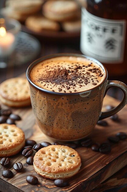 Foto eine tasse kaffee, die durch mahlen von kaffeebohnen hergestellt wird, wird auf der arbeitsbank des kaffeehauses platziert