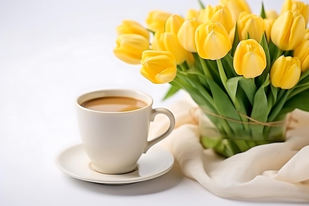 Eine Tasse Kaffee, ein Bouquet gelber Tulpen und ein Notizbuch auf weißem Hintergrund