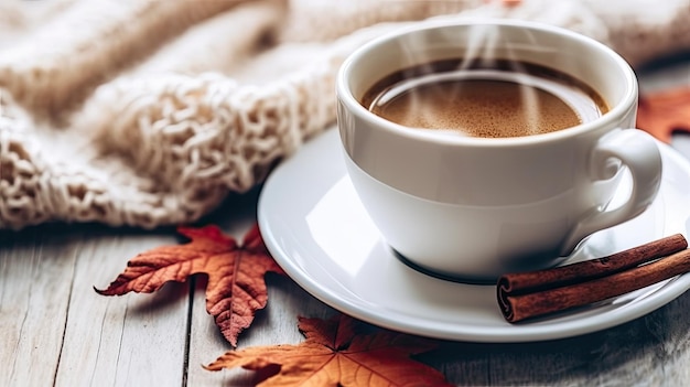 Eine Tasse Kaffee, eine gestrickte Decke und Herbstblätter auf einem weichen weißen Holzhintergrund