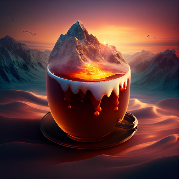 eine tasse kaffee gefüllt mit schneebedeckten bergen und sonnenuntergängen