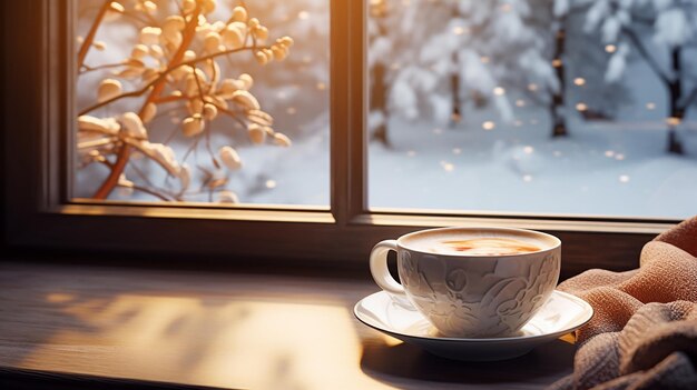 Eine Tasse Kaffee in der Nähe des Fensters mit Blick auf den schneebedeckten Park