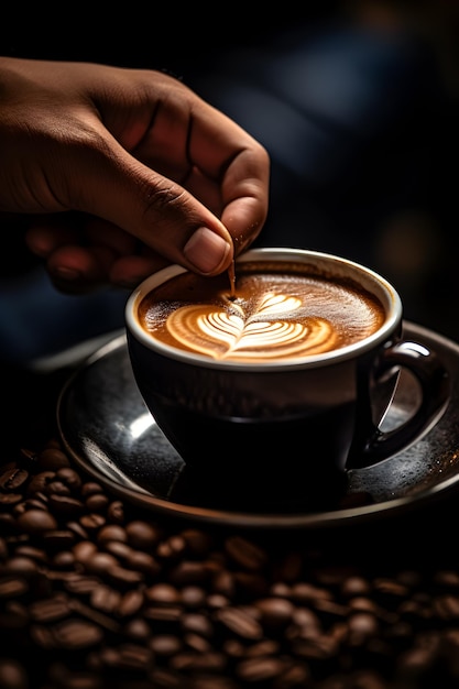 eine Tasse Kaffee, in die ein Löffel gegossen wird.