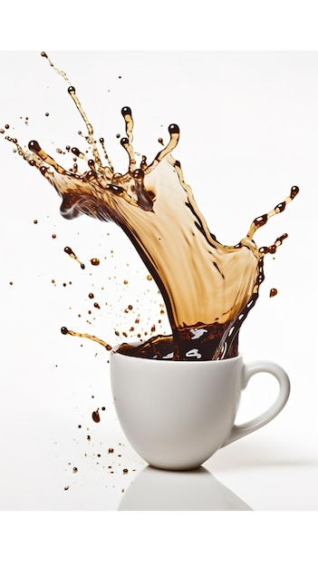 Eine Tasse Kaffee, in die ein Spritzer Flüssigkeit gegossen wird