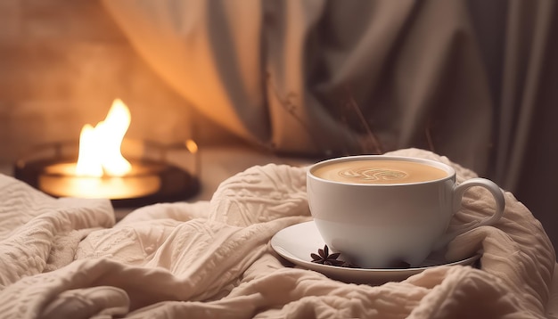 Eine Tasse Kaffee in einem gemütlichen Haus an einem Wintermorgen