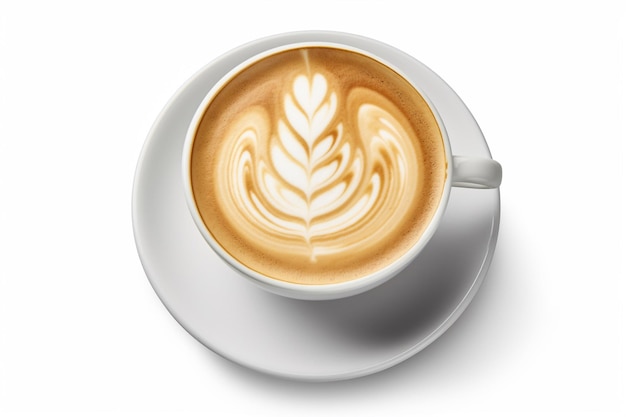 Eine Tasse Kaffee mit Blattmuster auf der Oberseite.