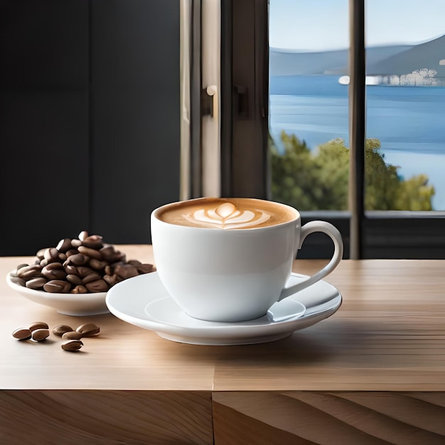 Eine Tasse Kaffee mit Blick auf das Meer im Hintergrund.