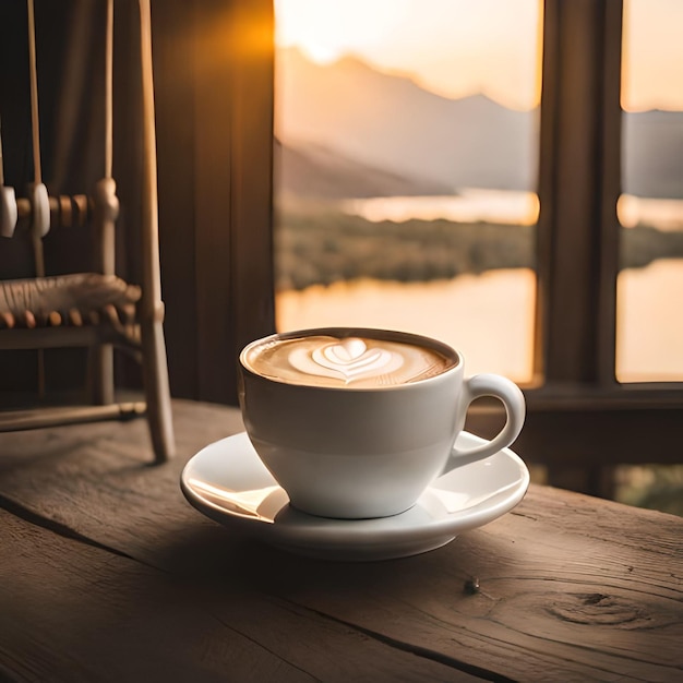 Eine Tasse Kaffee mit Blick auf die Berge im Hintergrund