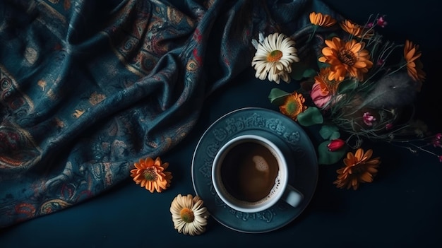Eine Tasse Kaffee mit Blumen auf dem Tisch