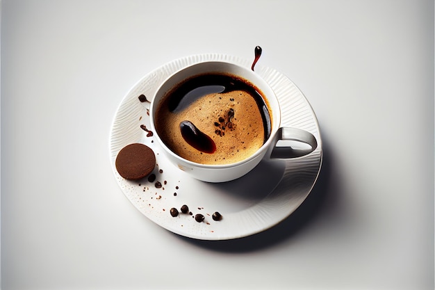 Eine Tasse Kaffee mit Bohnen auf der Draufsicht der Platte