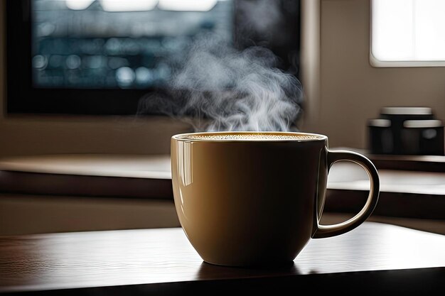 Foto eine tasse kaffee mit dampf, der daraus kommt