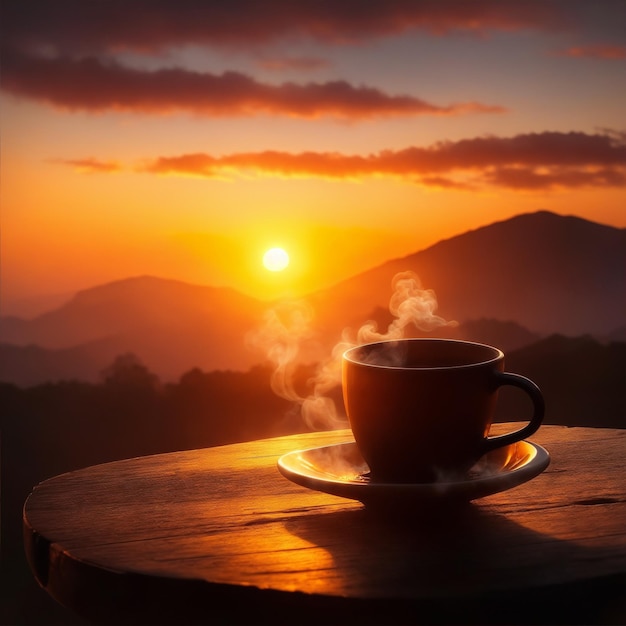 Eine Tasse Kaffee mit dem Sonnenaufgang dahinter