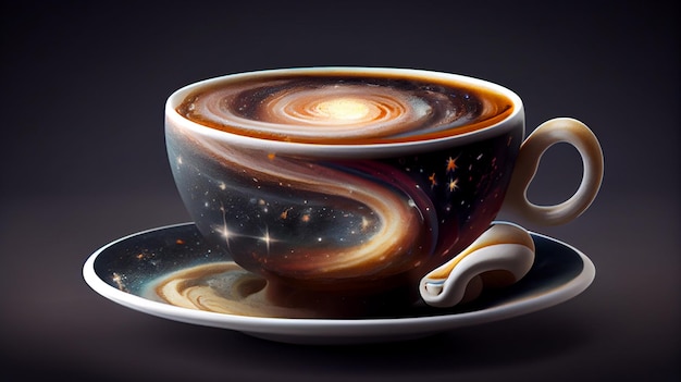 Eine Tasse Kaffee mit dem Universum darauf gezeichnet