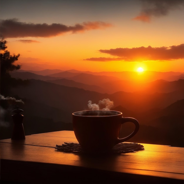 Eine Tasse Kaffee mit der aufgehenden Sonne dahinter