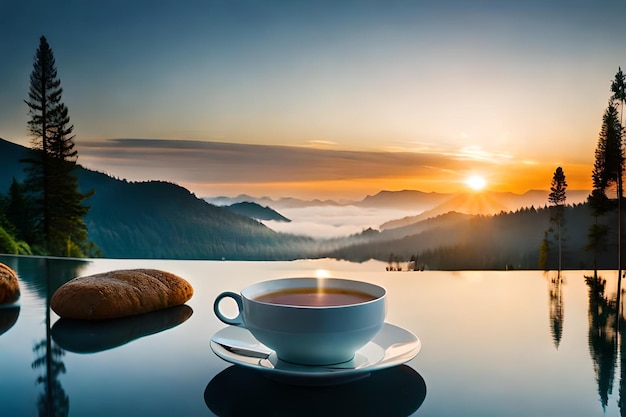 Eine Tasse Kaffee mit der Morgensonne im Hintergrund