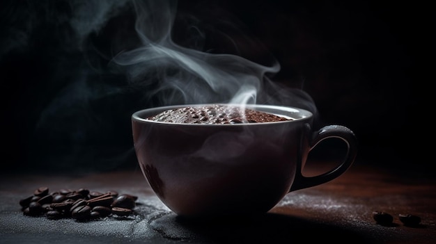 Eine Tasse Kaffee mit dunklem Hintergrund, aus der Rauch austritt.