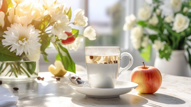 Eine Tasse Kaffee mit einem Apfel auf dem Tisch