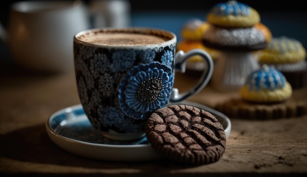 Eine Tasse Kaffee mit einem blauen Blumenmuster darauf