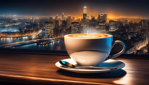 eine Tasse Kaffee mit einem Blick auf ein Stadtbild im Hintergrund