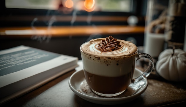 Eine Tasse Kaffee mit einem Buch auf dem Tisch daneben