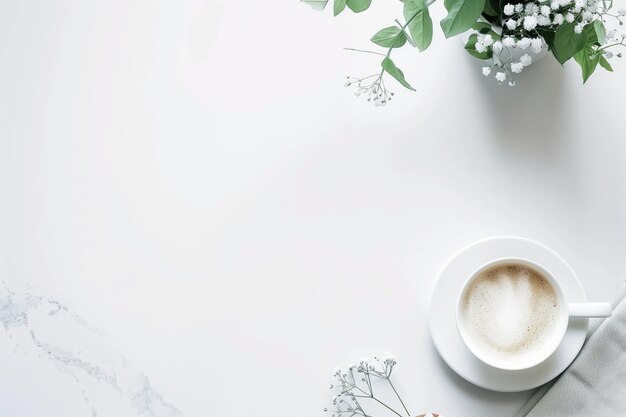 eine Tasse Kaffee mit einem Bündel Blumen auf einem Tisch