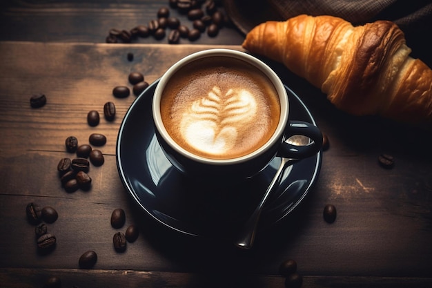 Eine Tasse Kaffee mit einem Croissant auf dem Tisch