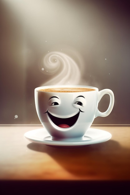 Eine Tasse Kaffee mit einem Gesicht, auf dem „Kaffee“ steht.