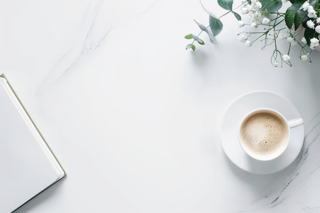 eine Tasse Kaffee mit einem grünen Buch daneben