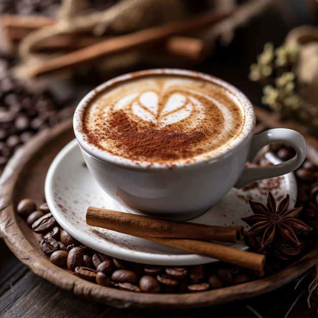 Eine Tasse Kaffee mit einem Herzmuster auf der Oberseite.