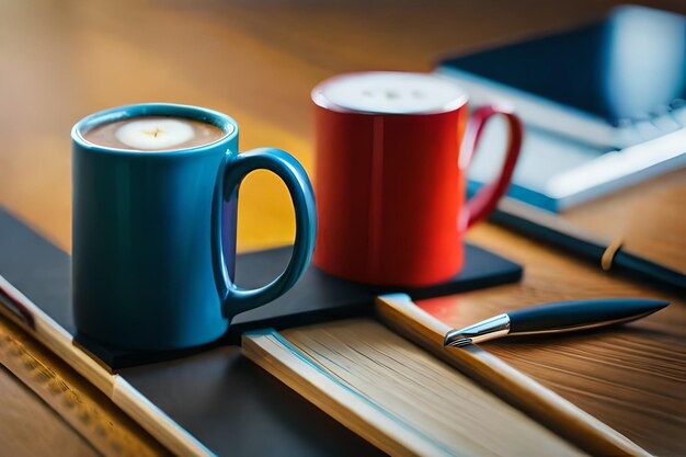 eine Tasse Kaffee mit einem Löffel auf einem Tisch neben einem Laptop.