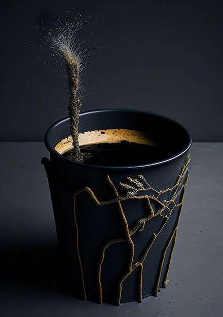 eine Tasse Kaffee mit einem Löffel und Kaffeebohnen auf der Seite