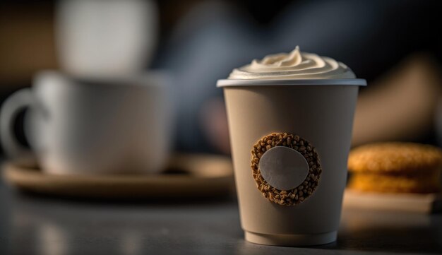 Eine Tasse Kaffee mit einem Logo darauf