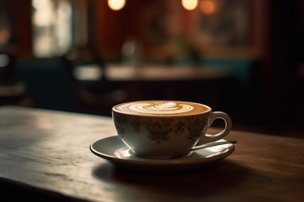 Eine Tasse Kaffee mit einem Muster auf dem Rand