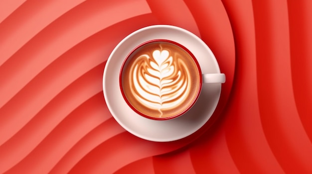 eine Tasse Kaffee mit einem roten Hintergrund mit einem Baummuster oben