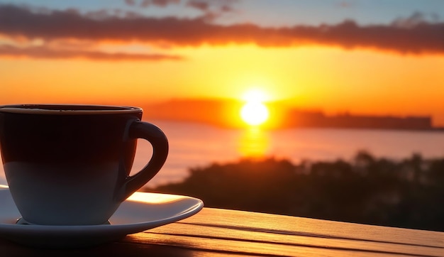 Eine Tasse Kaffee mit einem Sonnenuntergang im Hintergrund