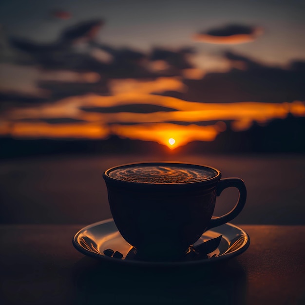 Eine Tasse Kaffee mit einem Sonnenuntergang im Hintergrund