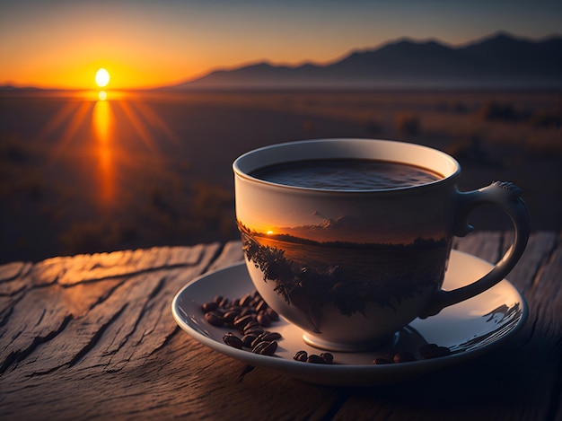 Eine Tasse Kaffee mit einem Sonnenuntergang im Hintergrund