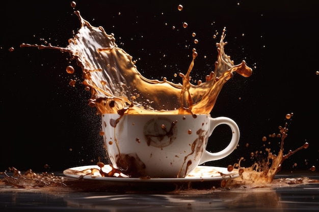 Eine Tasse Kaffee mit einem Spritzer Schokolade und einem Spritzer Flüssigkeit.