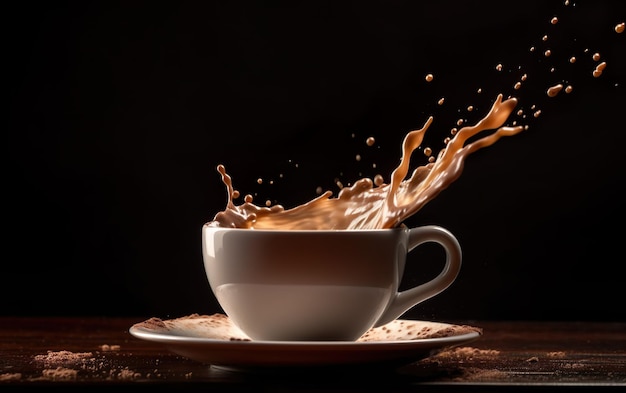 Eine Tasse Kaffee mit einem Spritzer Schokolade und einer braunen Flüssigkeit, die daraus spritzt.