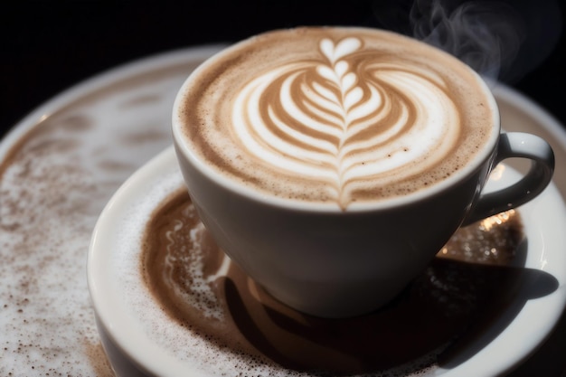 Eine Tasse Kaffee mit einem Wirbelmuster am Rand.