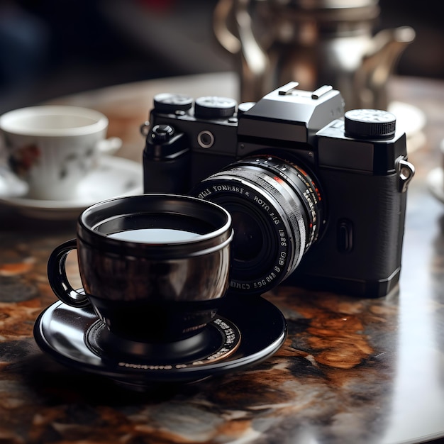 Eine Tasse Kaffee mit einer alten Kamera