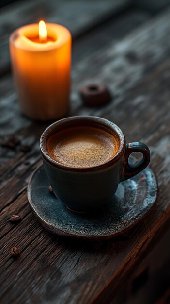 eine Tasse Kaffee mit einer Kerze daneben