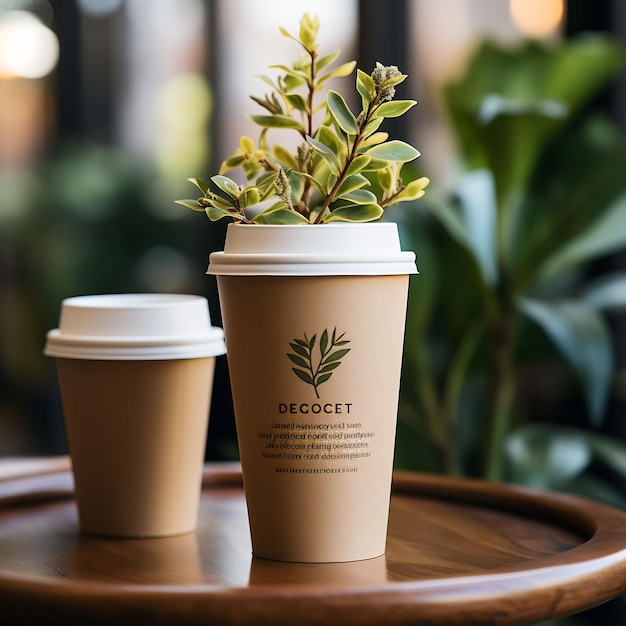 Eine Tasse Kaffee mit einer Pflanze an der Seite