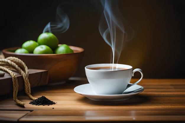 Eine Tasse Kaffee mit einer Schüssel mit grünen Äpfeln im Hintergrund