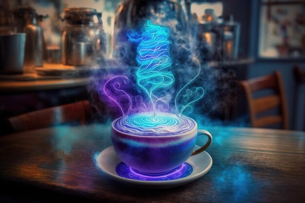 Eine Tasse Kaffee mit einer violetten Flüssigkeit darauf